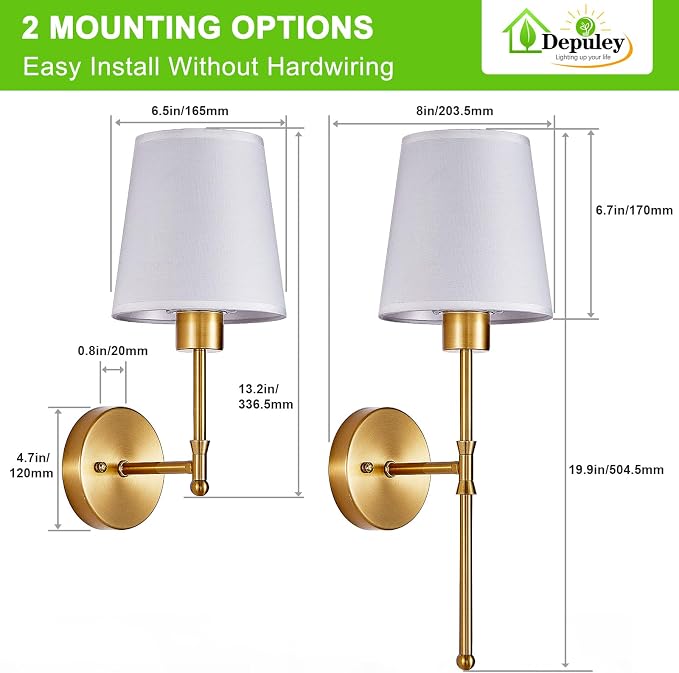 Depuley Battery Operated Wall Sconce: Set of 2 19.99" Wireless Wall Lights with Remote for Bedroom - Rechargeable 15 Colors Gold Wall Lamp for Living Room Hallway Decor