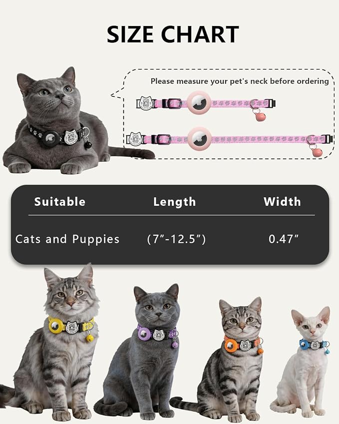 Cat Collar with AirTag Holder, QR Code Tag and Bell (Yellow, Paw Pattern)