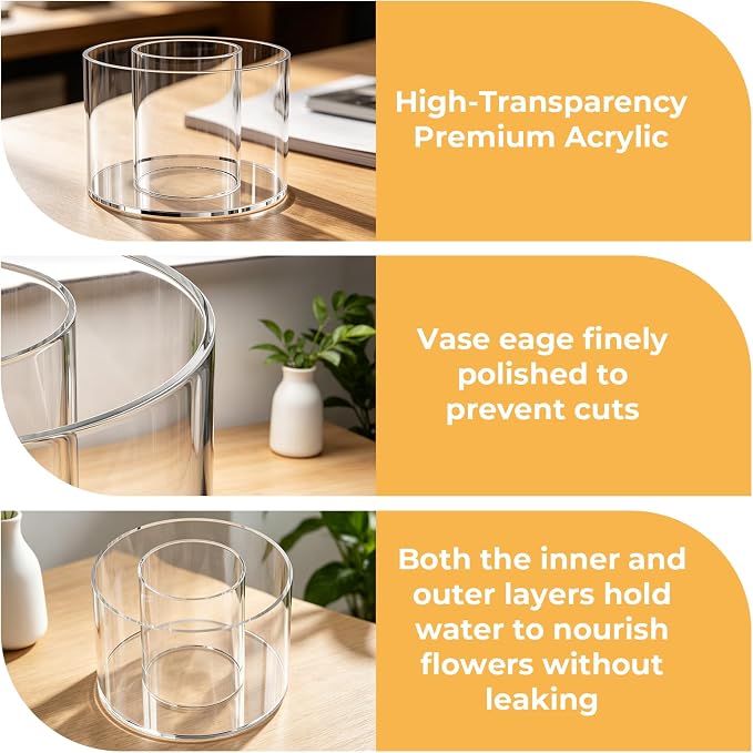 Acrylic Flower Vase for Centerpieces, Clear Double Layered Round Vase for DIY Decorative Table, Cylinder Planter for Candle Holder, Wedding Event, Home Decor