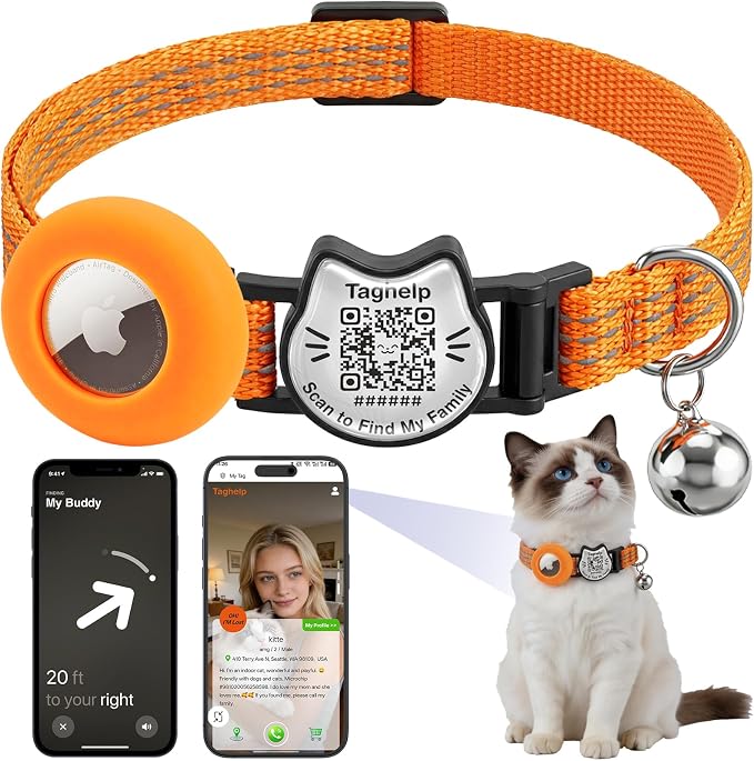 Cat Collar with AirTag Holder, QR Code Tag and Bell (Orange, Dot Matrix)