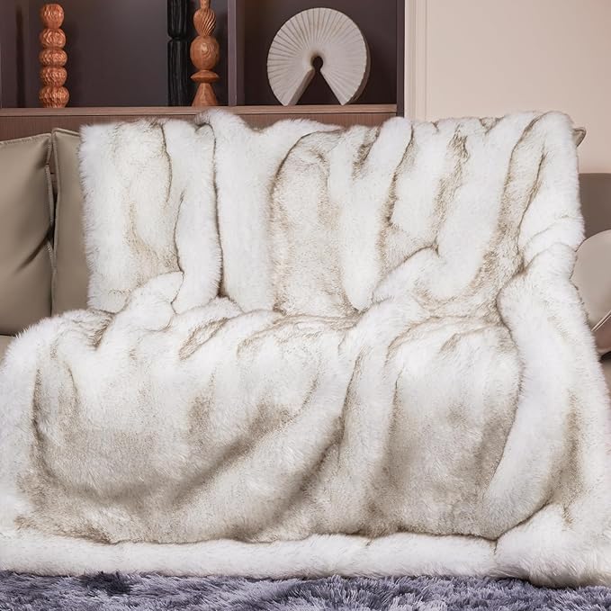 1000GSM Faux Fur Throw Blanket, Super Thick Warm Cozy Heavy Blankets for Couch Bed Sofa, Plush Fuzzy Elegant Winter Reversible Mink Blanket for Living Room Bedroom 50''x60'', WhiteBrown