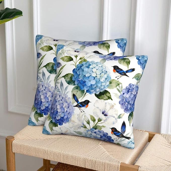 Blue and White Floral Pillow Covers 18x18 Set of 2, Spring Hydrangea Hibiscus Flower Throw Pillow Covers Outdoor Decorative Pillow Case for Couch Bed Sofa Cushion Home Decor