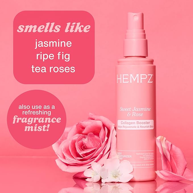 Hempz Sweet Jasmine & Rose Body Moisturizer Spray, Hydrating Mist with Collagen, Travel Friendly, 3.4 fl.oz.