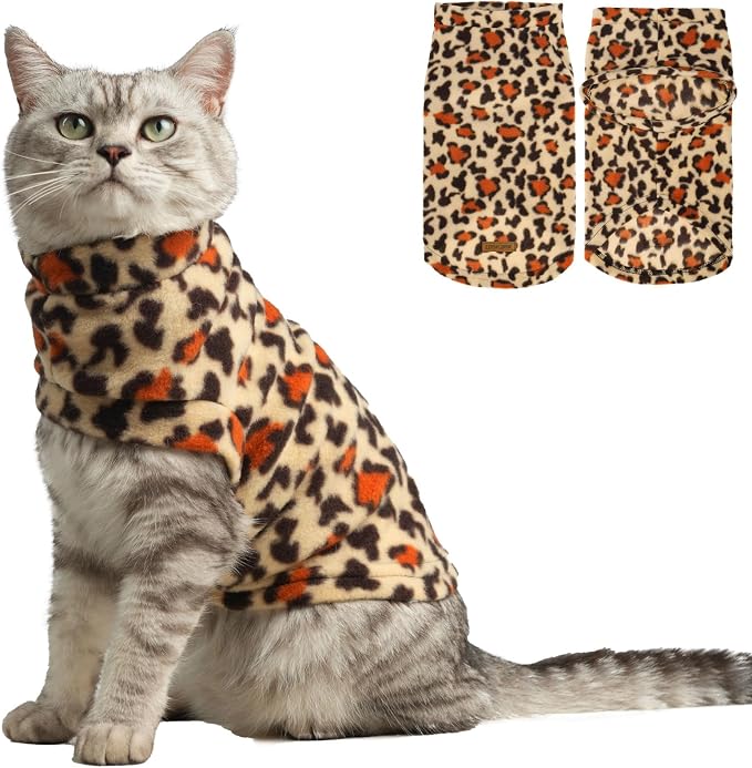 Cat Sweater Warm Fleece Pet Clothes for Cats Only | Soft Cat Vest Puppy Hoodie Coat, Fall Cold Winter Sweatshirt Pullover Clothing also for Small Dogs, Leopard Print S