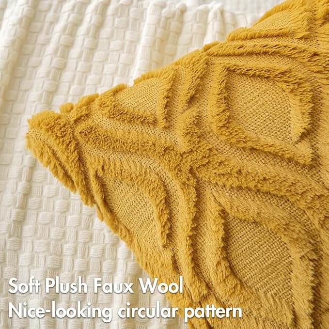 MIULEE Fall Mustard Yellow Plush Faux Wool Lumbar Throw Pillow Covers 12x20 | Set of 2, Farmhouse Boho Home Decor, Decorative Cushion Covers for Sofa, Living Room, Bed