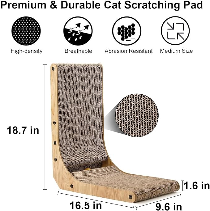 FUKUMARU Cat Scratcher, 18.7 Inch L Shaped Cat Scratch Pad Wall Mounted | Vertical Cat Scratching Board with Ball Cat Toy for Indoor Cats, Cardboard Cat Scratcher for Wall Sofa Couch
