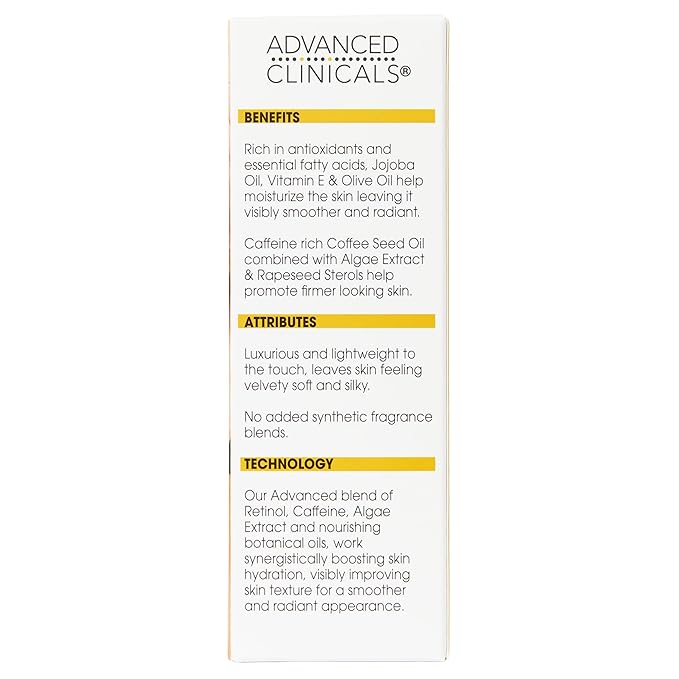 Advanced Clinicals Retinol Body Firming Oil | Retinol Body Oil After Shower Moisturizer Targets Look Of Crepey Skin & Wrinkles | Infused With Caffeine, Algae, & Vitamin E, Fragrance Free, 3.8 Fl Oz