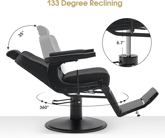 BarberPub Classic Barber Chair, 660Lbs Heavy-Duty Hydraulic Pump, Professional Reclining Salon Chair for Hair Stylist, Gold&Black, Barbershop, Salon&Spa Equipment for Adult 8334 (Black) (Black)