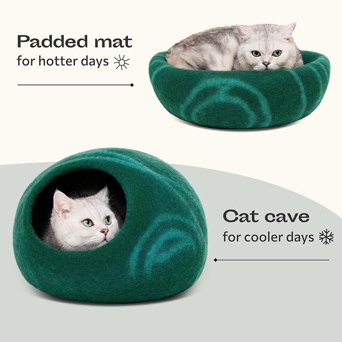 Cat Cave - Merino Wool Bed for Indoor Cats (Emerald, Large) | Cat Bed Enclosure, Premium Felt, Handmade, Super Soft, Lightweight, Breathable, Adjustable Shape