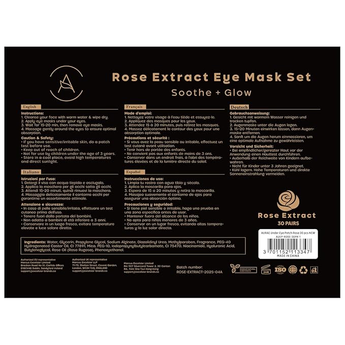 AURAE Rose Under Eye Patches (30 Pairs) - Under Eye Mask for Appearance of Dark Circles - For Puffy Eyes Smoothing - Skincare Mask