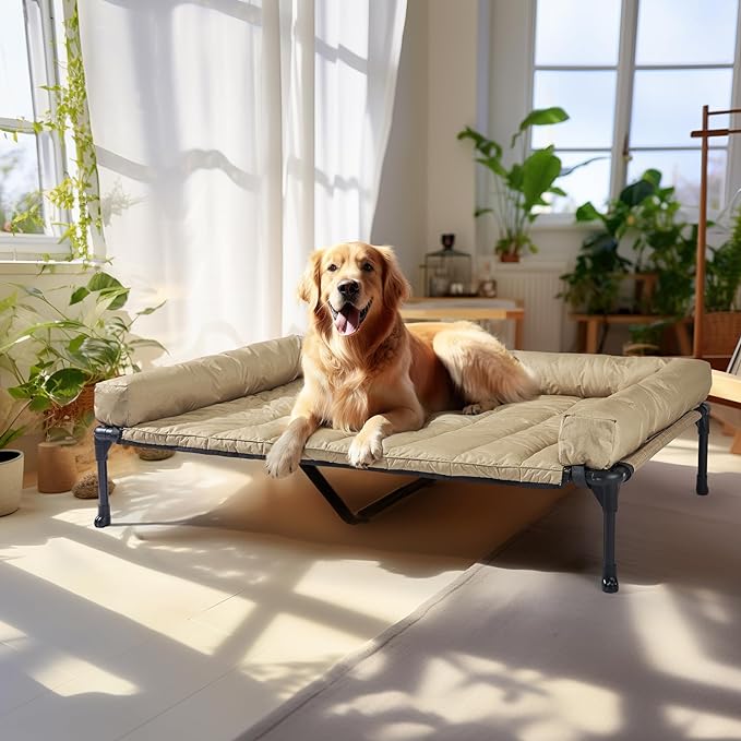 Veehoo Outdoor Elevated Dog Bed with Waterproof Bolster Cushion, Cooling | Raised Dog Bed with Removable & Washable Mat Topper, Breathable Mesh, Dog Couch Cot for Indoor Outdoor, 49", Large, Beige