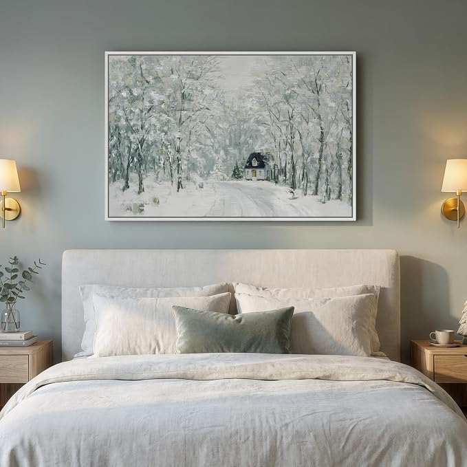 Framed Forest Landscape Wall Art, Modern Cottage Canvas Art Prints, Contemporary Nature House Pictures Wall Decor for Living Room Bedroom Dining Room Hallway Office 24x36 In