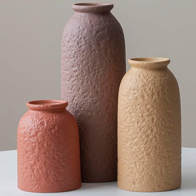 Large Decorative Ceramic Vase Set, 3 Pieces, Matte Taupe Orange Coral Beige, 10.4 Inch Tall, Nordic Modern Boho Style, Orange Peel Glaze Finish, Farmhouse Home Décor