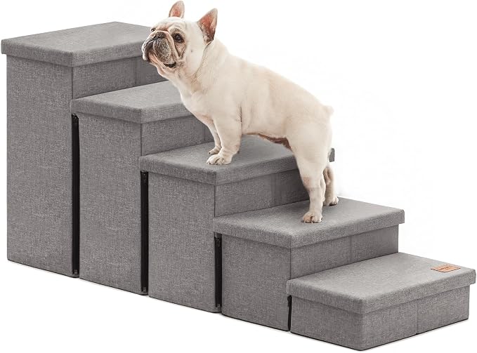 Love's cabin Dog Stairs for High Bed, Foldable Pet Stairs for Small Medium or Large Dogs Puppy with Storage for Bed or Couch, Cat Dog Steps Ramp with Zip up to 200 lbs, Solid Grey, 5 Steps