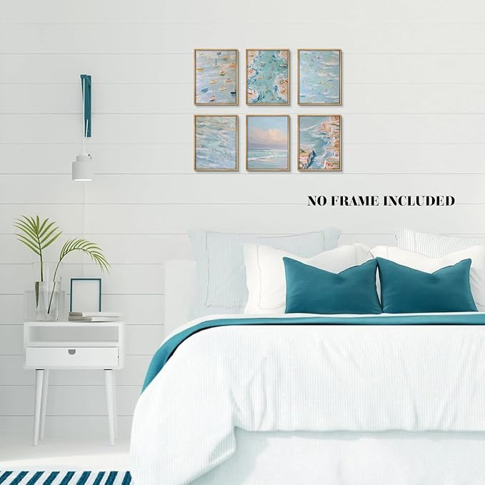 Coastal Beach Canvas Wall Art Set of 6, Abstract Ocean Sailing Boats and Surfboard Posters Wall Decor, Aesthetic Seaside Landscape Artwork Posters Prints for Living Room Bedroom 8x10 Inch Unframed