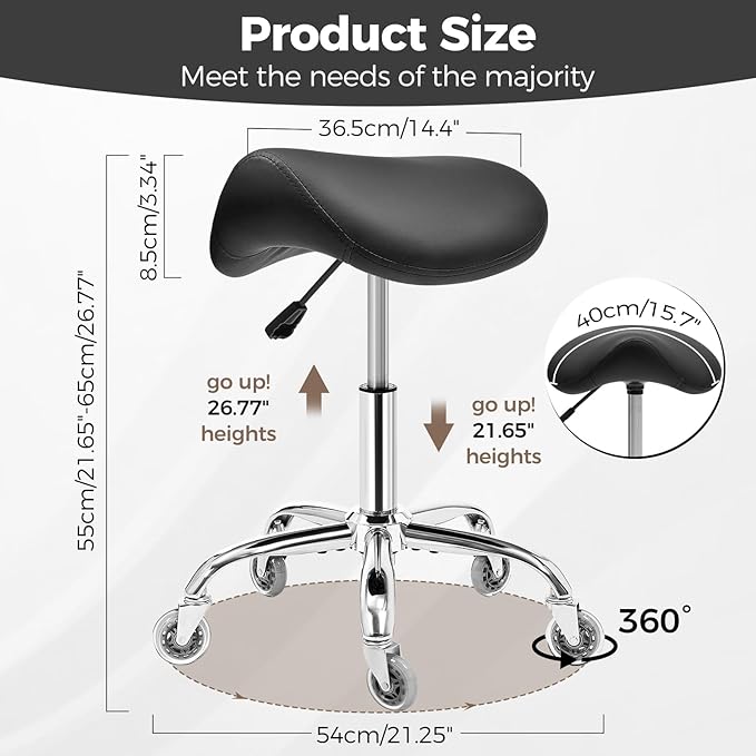 BEWISHOME Ergonomic Rolling Saddle Stool, Height-Adjustable Rolling Swivel Saddle Stool Chair with Thickened Saddle Seat Padding, for Salons, Spas, Office, Black BMD02B