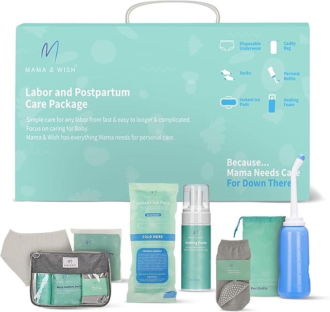 Mama & Wish® Postpartum Essentials Kit – Labor and Delivery Essentials for Moms After Birth – Postpartum Recovery Kit Includes Peri Bottle, Witch Hazel, Comfy Garments & More