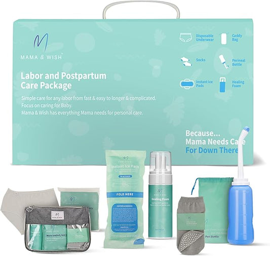 Mama & Wish® Postpartum Essentials Kit – Labor and Delivery Essentials for Moms After Birth – Postpartum Recovery Kit Includes Peri Bottle, Witch Hazel, Comfy Garments & More