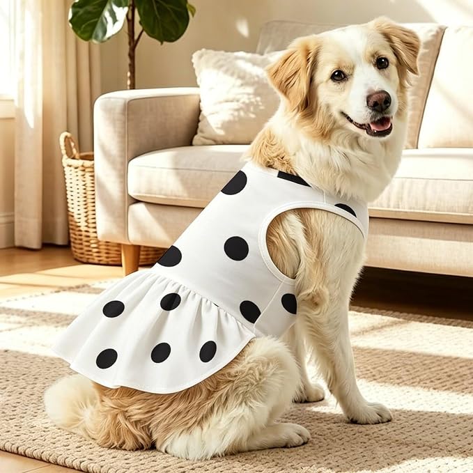 Large Dog Dress - Girl Pet Clothes Outfit, Black Polka Dots Pri A2 | Poly Blend,Soft Breathable,Large Dog Dress,Ruffle Hem,Summer Wear,Vest Apparel,Walking,Party,HolidayLightweight,Easy Care