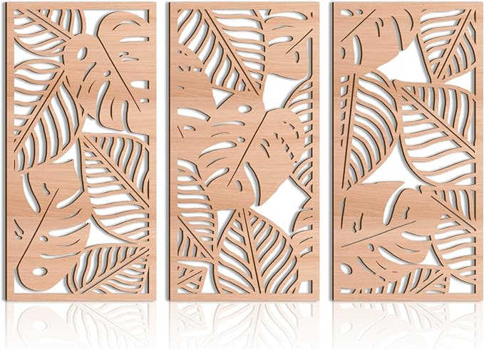 IARTTOP Large Wood Tropical Wall Art 15.9X32 Inch Carved Palm Leaves Wall Decor Coastal Leaf Monstera Plant Wall Sculptures for Living Room Bedroom Set of 3