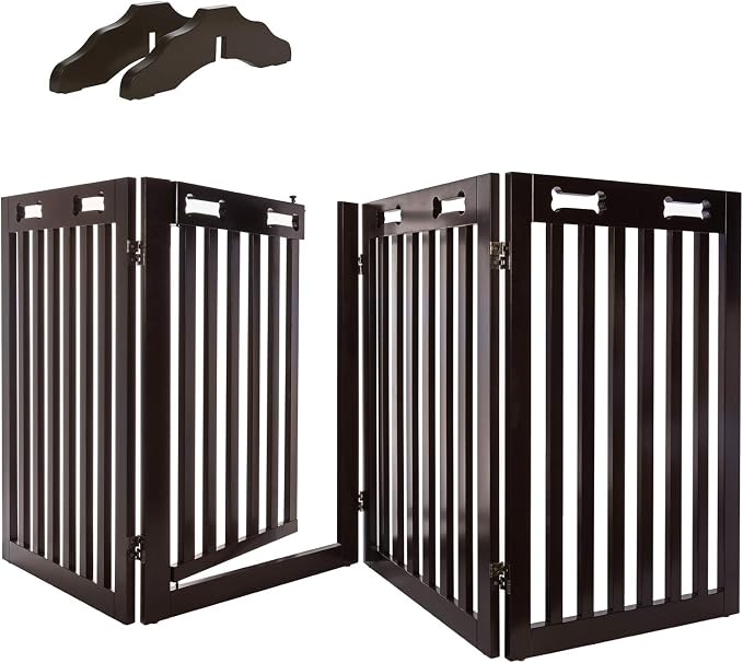 Arf Pets Freestanding Dog Gate with Door, 4 Panel 360 configurable Wooden Fence, 80" Wide, 31.5" High, Set of Foot Supporters Included, for Indoor Use