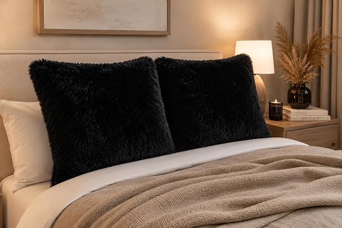 REAFORT Long Hair Faux Fur Euro Sham Cover 26"x26", Hidden Zipper(Black) | Ultra-soft plush faux fur with a hidden zipper adds luxurious comfort and is machine washable for easy care.