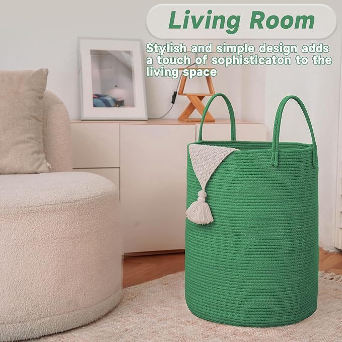 JMvicyroam 100L Cotton Rope Laundry Basket Hamper, Dark Green | Collapsible laundry basket, reinforced handles, freestanding, machine washable, holds 3-5 thick blankets, clothes or toys