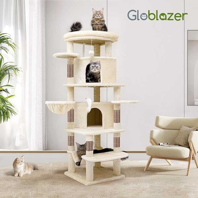 Globlazer 66inch Corner Cat Tree Tower for Indoor Large Cats, C66, Beige | Space-Saving Stable Adult Cat Tower with 6 Scratching Posts, 2 Large Fan-shaped Condos & Top Perch, Hammock, Climbing Steps