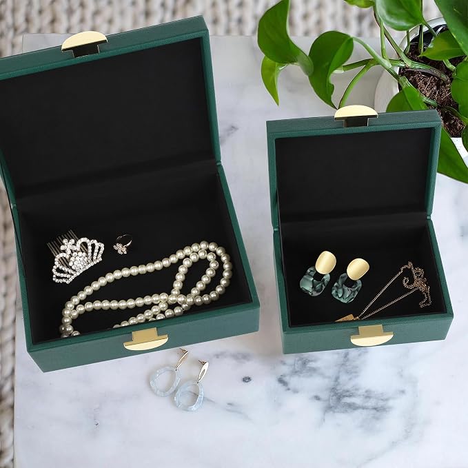 HofferRuffer Faux Leather Jewelry Boxes, Decorative Boxes Storage Accessory Organizer with Gold Hardware Decor, Classic Vegan Leather Set of 2 Pieces (Green)