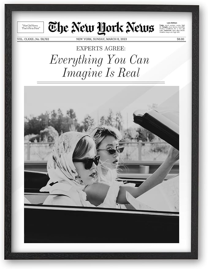 iHery 12x16in Everything You Can Imagine Is Real Framed Newspaper Art | Premium Black Natural OAK Wood Frame with Canvas Print, Vintage Girls Decor for Bedroom, Living Room, Dorm 1Pack
