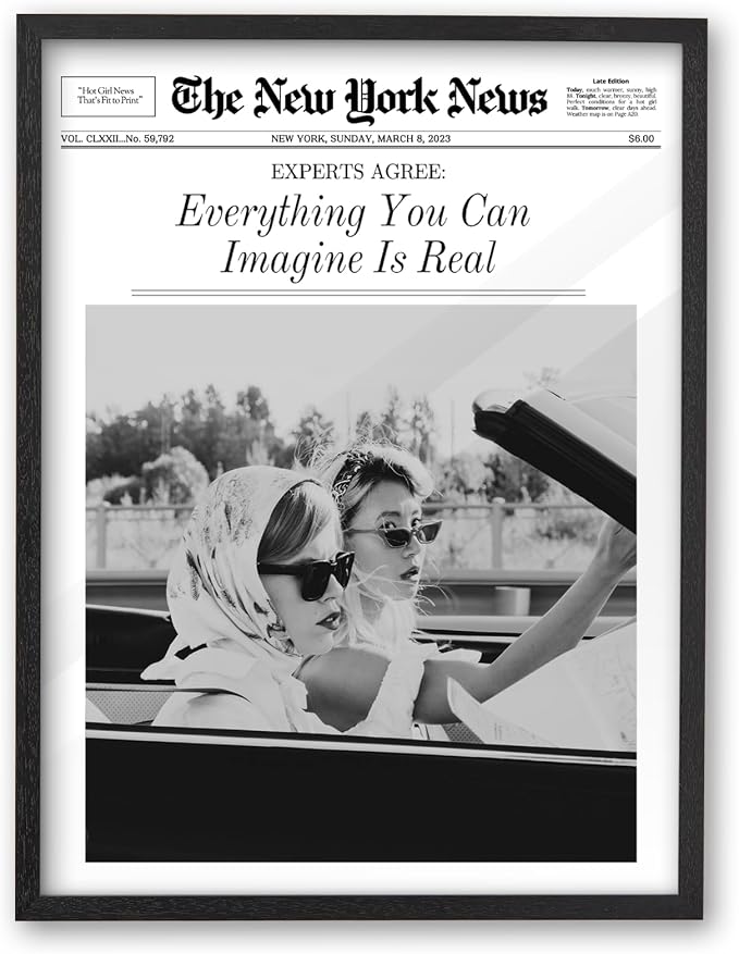 iHery 8x10in Everything You Can Imagine Is Real Framed Newspaper Art | Premium Black Natural OAK Wood Frame with Canvas Print, Vintage Girls Decor for Bedroom, Living Room, Dorm 1Pack