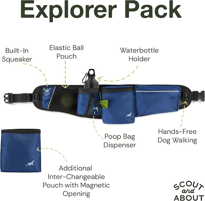 P.L.A.Y. Explorer Pack All-in-One Dog Walking Belt Bag with Zipper Pockets, Water Bottle Holder, Treat Pouch, Poop Bag Dispenser, Ball Pouch - Attaches to Leash for Hands-free Walking (Waterfall)