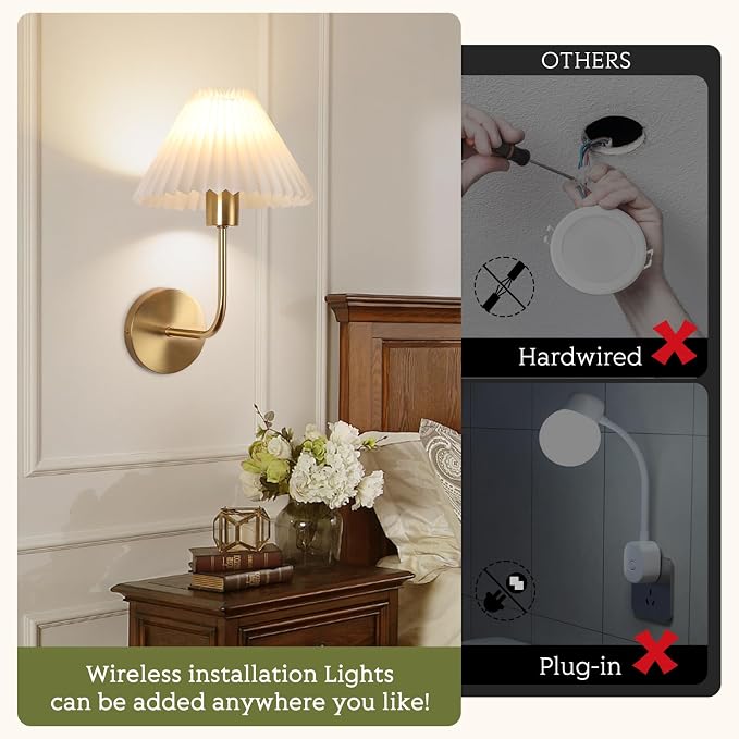 Wireless Wall Sconce Sets of 2, Pleated Shades Rechargeable Battery Operated Wall Sconce, Retro Industrial Gold Wall Lights Bathroom Vanity Sconces, Wall Mounted Lamps for Bedroom Living Room Kitchen