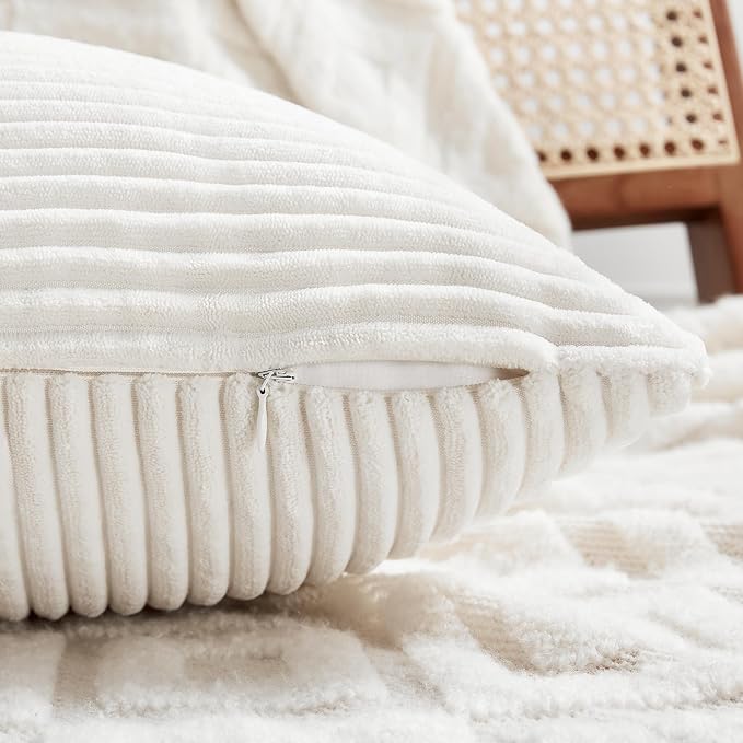 Fancy Homi Cream White Lumbar Decorative Throw Pillow Covers 20x28 Inch for Living Room Couch Bed Sofa, Rustic Farmhouse Boho Home Decor, Soft Striped Corduroy Rectangle Accent Cushion Case 50x70 cm