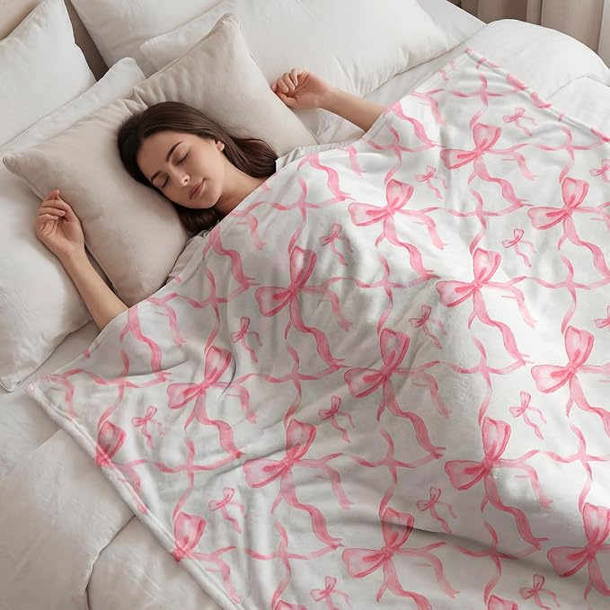 Pink Bow Throw Blanket 60"x80" Soft Flannel for Girls Women | Coquette Aesthetic Decor with Ruffled Edges, Ultra Plush Bed Sofa Blanket, Preppy Gift for Teens, Back to School Dorm Room
