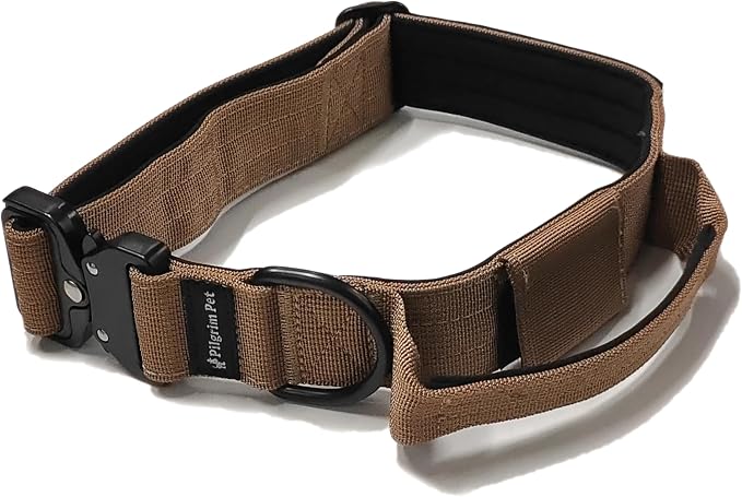 Heavy-Duty Tactical Dog Collar with Control Handle and Metal Hardware – Adjustable K9 Gear with Patch Panel & Airtag Holder (Tan)