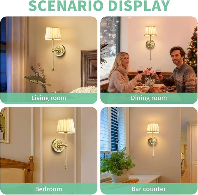 Cordless Wall Sconces Set of 2,10000mAh Small Wireless Battery Operated Wall Sconces Set of Two with RGB LED, Remote, Timer & Dimmable Fabric Gold Wall Lamps for Bedroom, Living Room, Hallway (Gold)