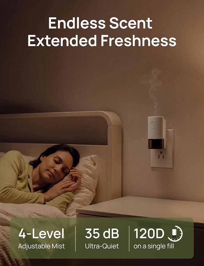 Plug-in Air Freshener for Home, Waterless Essential Oil Diffuser for Bedroom and Bathroom, Non-Toxic Formula for Pets and Nursery, 120 Days Runtime, Refillable Bergamot(Moss Green)