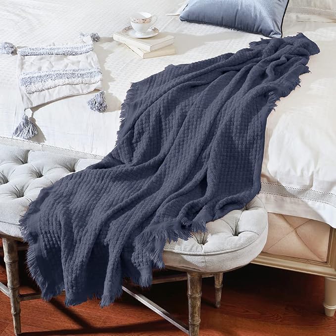 CREVENT Farmhouse Waffle Knit Throw Blanket for Couch Sofa Chair Bed Home Decoration, Soft Warm Cozy Light Weight for Spring Summer Fall (50''X60'' Navy Blue)
