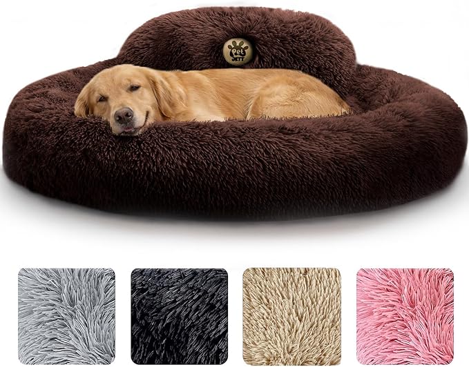PetJett XL Dog Beds for Large Sized Dog - 45'' Extra Large Dog Bed, Anti-Slip & Washable Super Soft Round Donut Bed, Fluffy Faux Fur Anti-Anxiety Premium Comfort Pet Bed, Fits Dogs up to 120 lbs