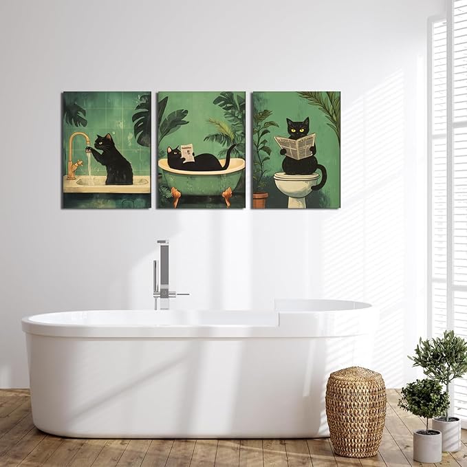 Funny Bathroom Black Cat Wall Art Set of 3, Whimsical Animal Bathroom Wall Decor Painting Maximalist Quirky Dark Pet Cat Toilet Canvas Poster Prints Aesthetics, Framed 12x16 inch