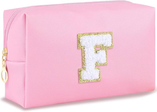 URSKYTOUS Initial Makeup Bag Personalized Preppy Travel Small Cosmetic Bag Cute PU Pink Chenille Letter Makeup Pouch for Purse Waterproof Zippered Toiletry Organizer for Women Girls Kids Friends (F)