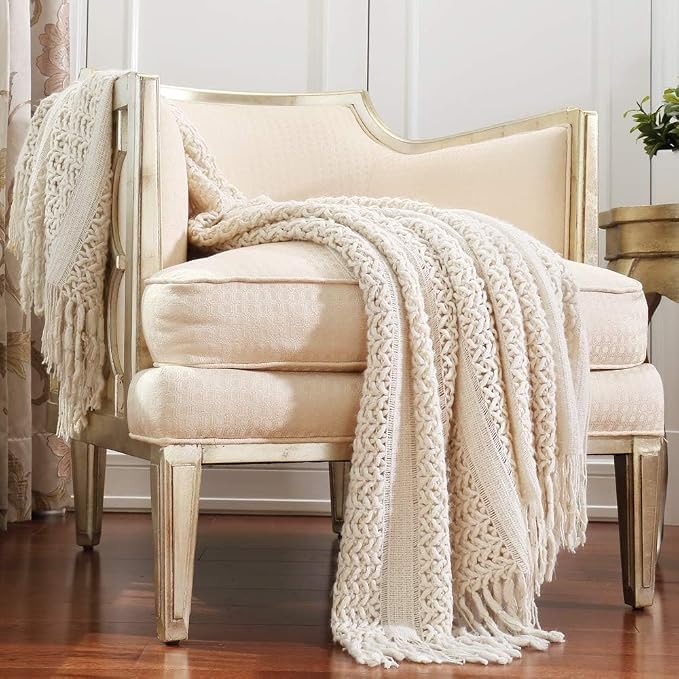CREVENT Home Decor Farmhouse Couch Sofa Chair Bed Throw Blanket, Soft Warm Cozy Light Weight for Travelling (50''X60'' Beige/Ivory)