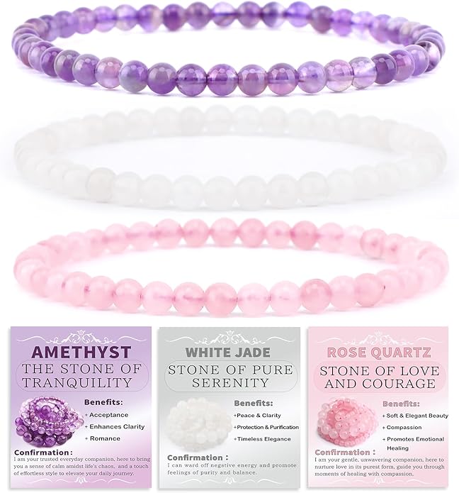 NCB 2.3-Piece 4mm Natural Crystal Gemstone Stretch Bracelets – Handmade Reiki Energy Healing Jewelry for Meditation,Yoga, Unisex