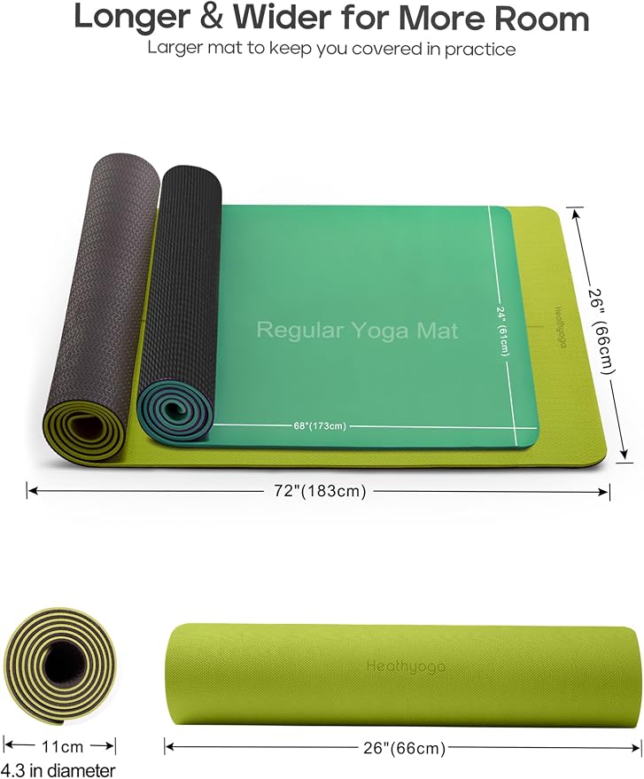 Heathyoga Yoga Mat Non Slip TPE Pilates Exercise Mats for Home Workout Gym Fitness Eco Friendly Thick Hot Yoga Mat with Strap Body Alignment,72"x 26" Thickness 1/4"