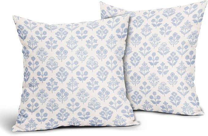 Baby Blue Floral Pillow Covers 16x16 Inch Set of 2, Vintage Flower Block Print Pattern Decorative Throw Pillowcases Outdoor Farmhouse Cushion Covers Spring Summer Rustic Sofa Couch Bed Decor