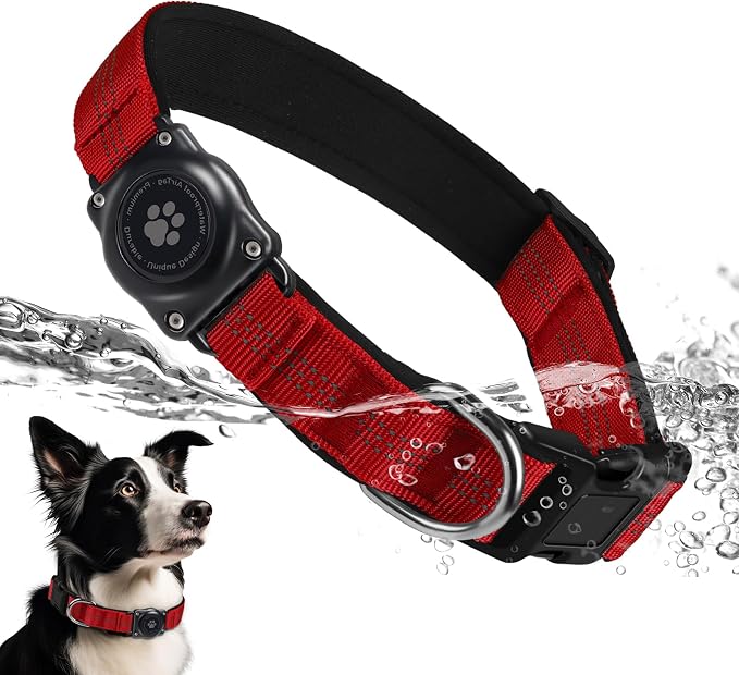 Upgrade Dog Collar with AirTag Holder, IP68 Waterproof, Red, M | Built-in Water Resistant AirTag holder, 1000D Nylon, Reflective Stitching for Night Visibility, Soft padding for Comfort