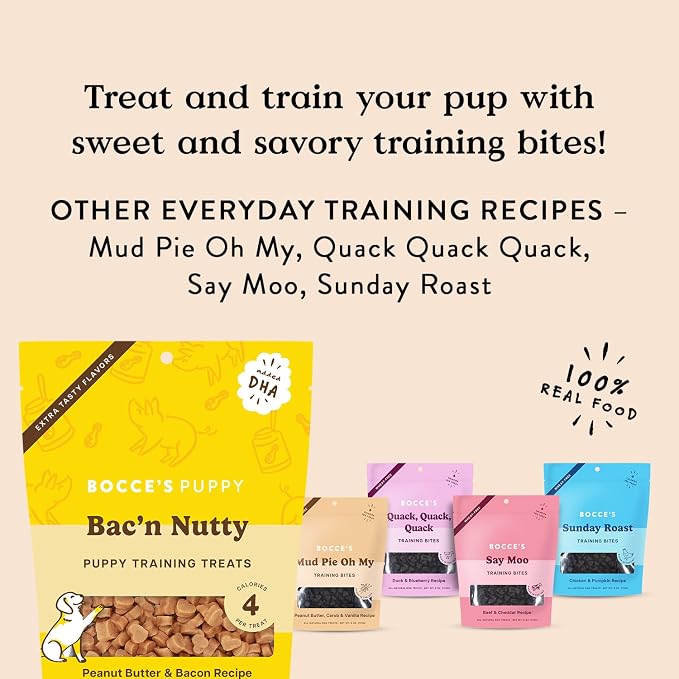 Bocce's Bakery Bac'n Nutty Puppy Training Treats, PB & Bacon Flavor (3 oz) | Oven Baked, Wheat-Free Everyday Dog Training Treats - Made with Real, Limited Ingredients and Baked in The USA