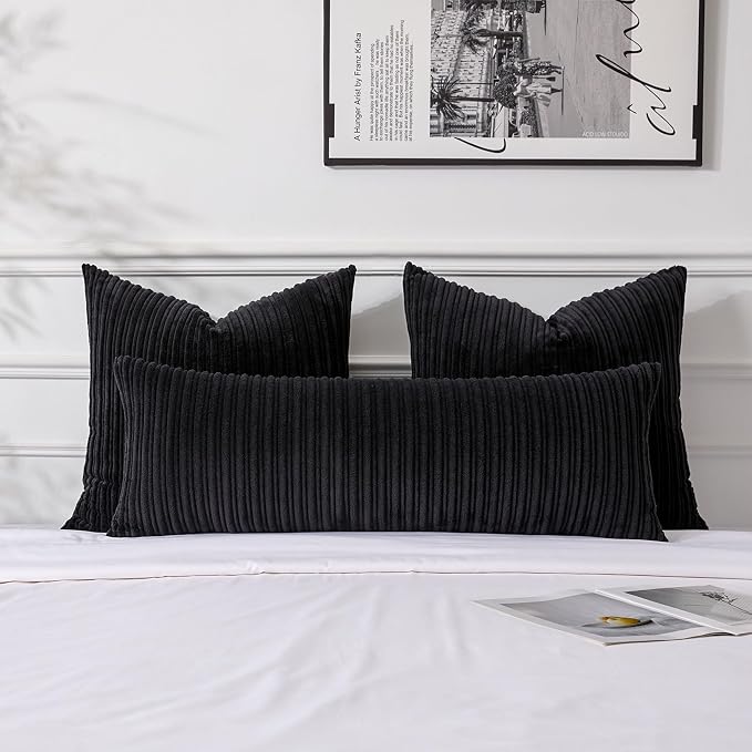 UGASA 14x36 Inch Pillow Cover Pack of 1 Soft Boho Stripe Corduroy Large Long Rectangular Lumbar Cushion Cover Farmhouse Decorative Throw Pillowcase for Bed, Couch, Sofa, Bedroom, Living Room, Black