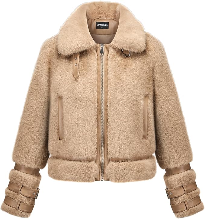 GRAN ORIENTE Womens Belted Winter Faux Fur Coats, Cropped Fuzzy Cuff Furry Zipper Up Warm Jackets Outwear